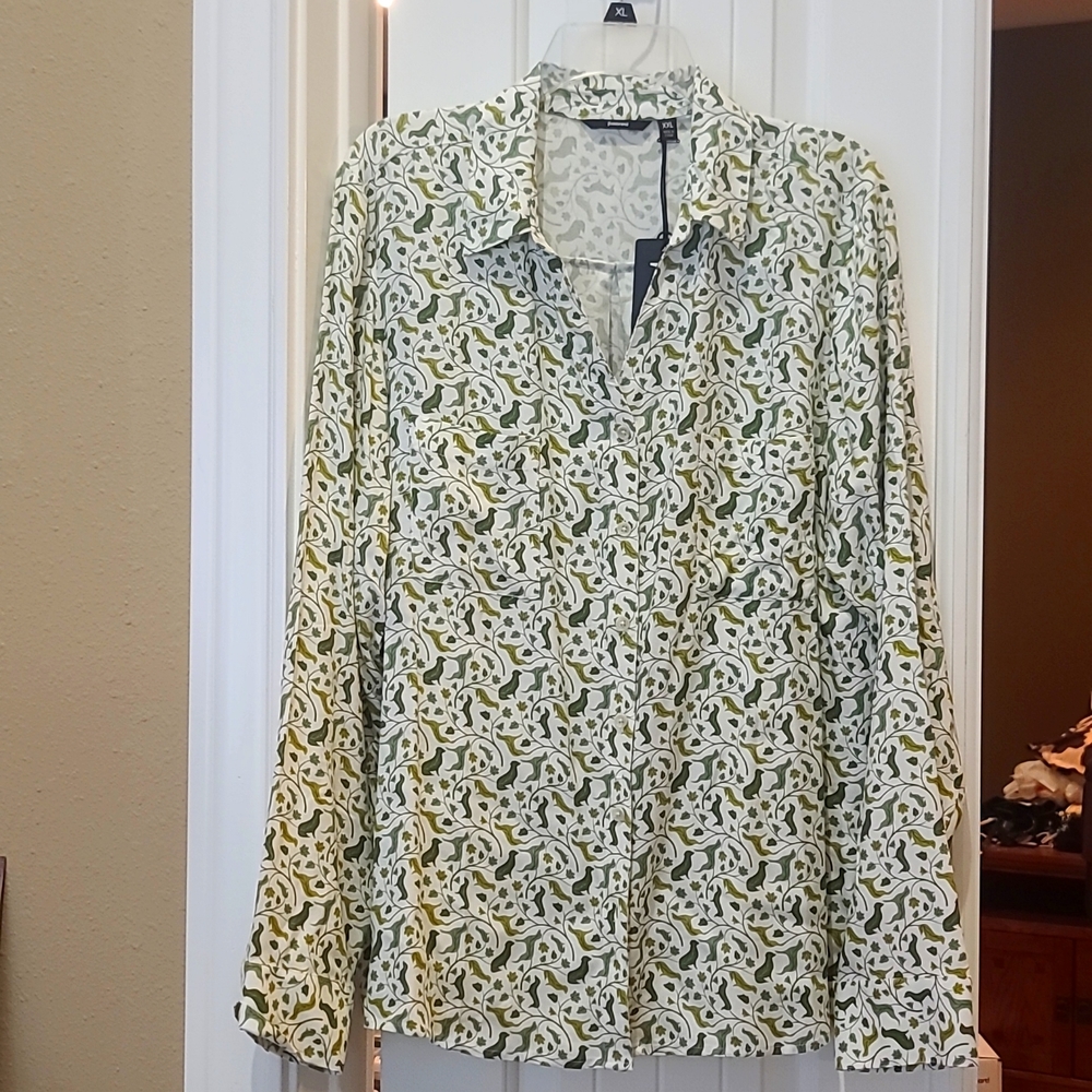 Betabrand Green/White Dog Print Shirt -XXL